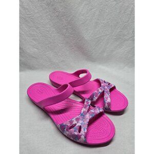 Crocs Kelli Women’s Size 8- Pink Palm Trees Flats Comfort Shoes Sandals